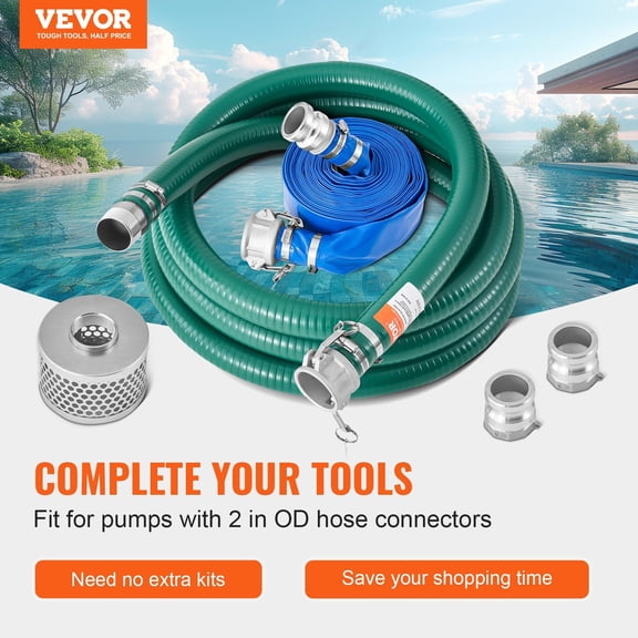 2 Inch x 20 ft Green & 50 ft Blue Water Pump Suction Hose Kit Heavy Duty, Flexible, for Pools, Draining, Irrigation