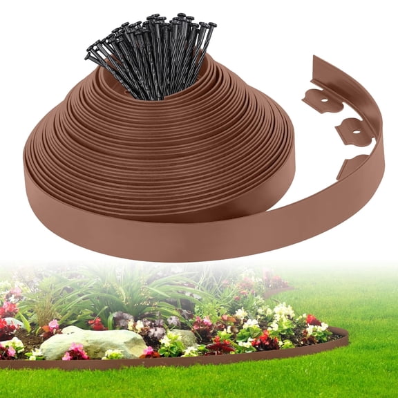 2-Inch x 50 FT Landscape Edging Border with 75 Spikes, Garden Edging Lawn Border Kit, Plastic Edging Border Flexible for Garden Flower Beds Lawn Yard Pathway (Brown)