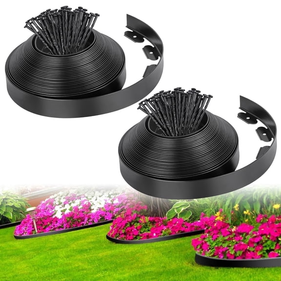2-inch x 66 ft Landscape Border Kit with 100 Anchoring Spikes, Flexible Plastic for Garden Beds and Paver Pathways, Black