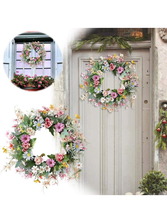 2 Indoor Silk Flower Ring for Garden with Easter Print Spring Floral Design for Home Interior Use, 45 cm, Pink