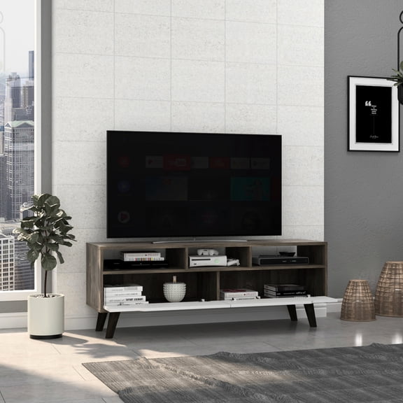 2 Inner Drawers & 3 Open Shelves Tv Stand, Suits Up To 52" Tvs, Dark Brown/white Stand For Tvs Up 52", Brown/white, Shelves, Long