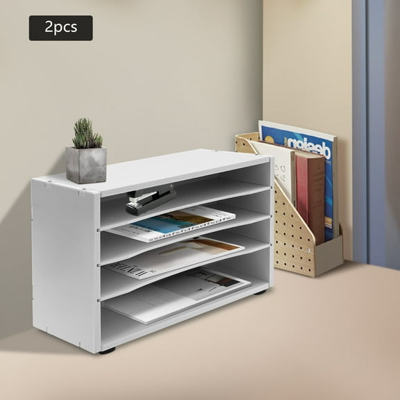 2 Items Desk Paper Organzier 4 Compartments PVC-Board Desktop Organizer Storage Office Paper Shelves Letter Tray File Sorter with Adjustable Shelves(White)