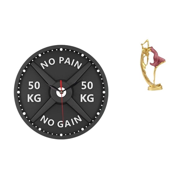 2 Items Home Gym Barbell Wall Clock Bodybuilding Clock Dancing Girl Statue Acrylic for Workout Room Bedroom