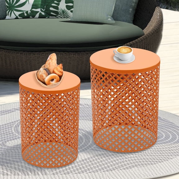 2 Items Metal Frame Accent Table, Modern End Table Indoor and Outdoor Modern Orange Outdoor Side Table