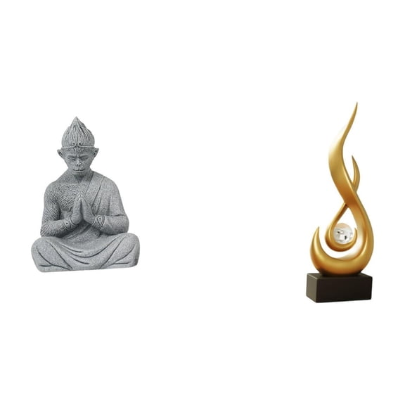 2 Items Monkey Buddha Statue Abstract Fire Sculpture Sandstone Resin for Tabletop Meditation Room Garden Patio Display
