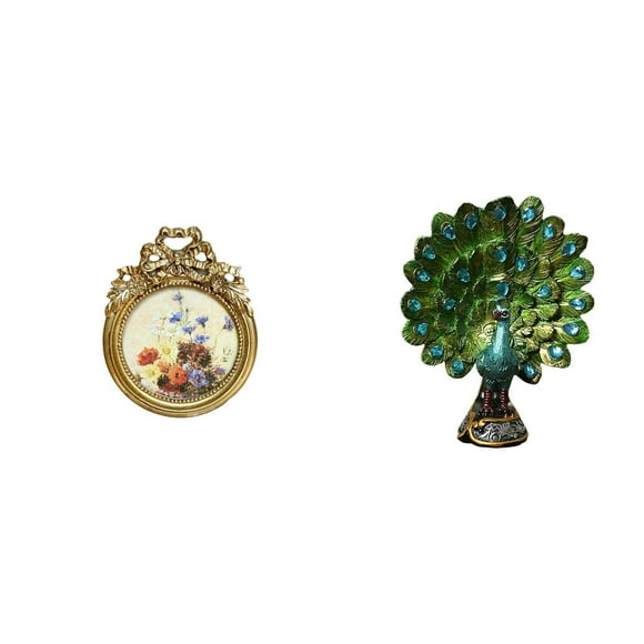 2 Items Vintage Round Picture Frame Decorative Peacock Sculpture Resin Construction for Bedroom Office Holiday Events