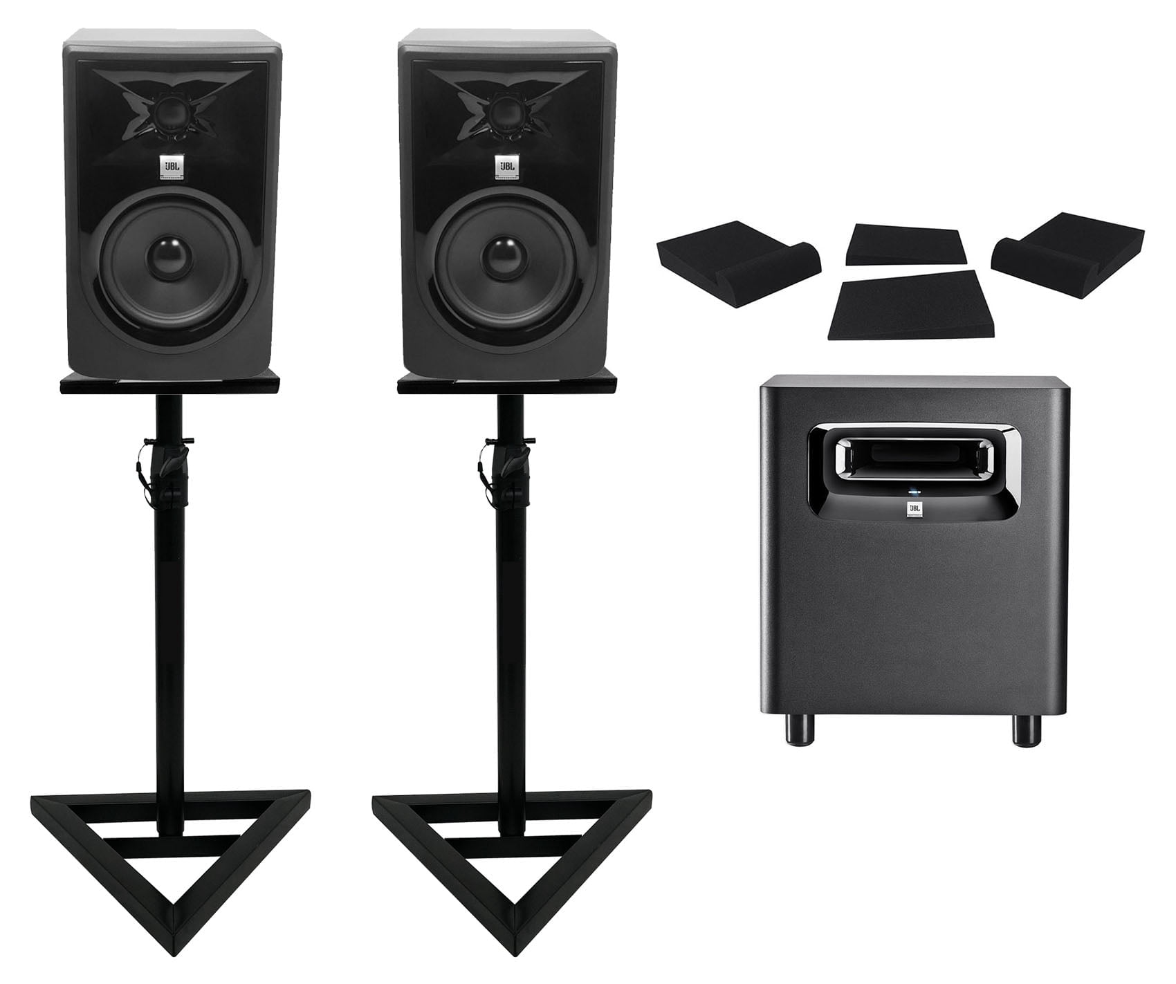 (2) JBL 305P MkII 5" Powered Studio Monitors+Stands+Pads+Powered Subwoofer Sub