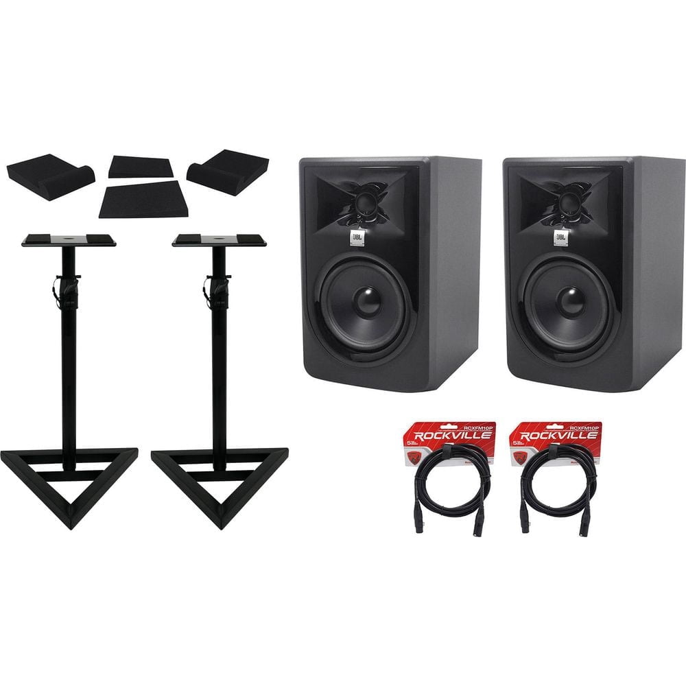 (2) JBL 305P MkII 5" Powered Studio Reference Monitors+Stands+Pads+XLR Cables