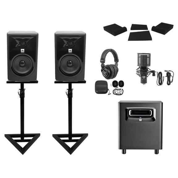 2) JBL 306P MkII 6" Powered Studio Monitors+Stands+Pads+Subwoofer+Headphones+Mic