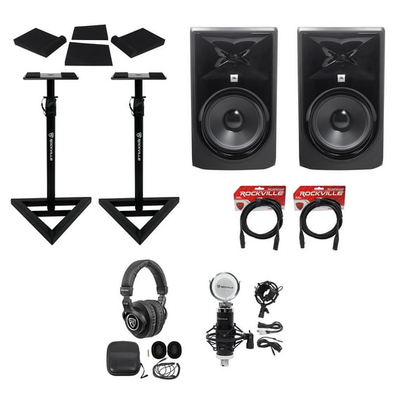 (2) JBL 308P MkII 8" Powered Studio Monitors+Stands+Pads+Cables+Headphones+Mic