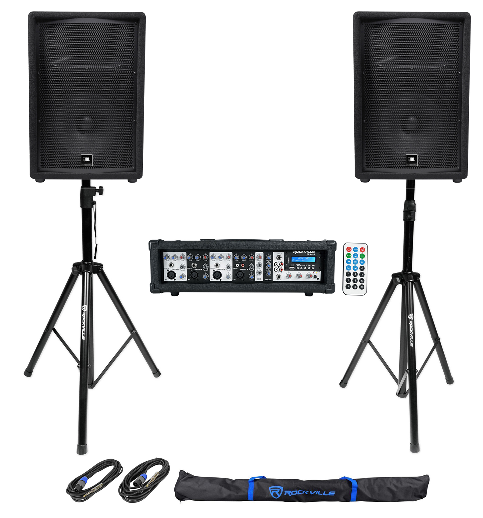 (2) JBL JRX212 1000 Watt 12" DJ PA Speakers+Powered 4-Ch. Mixer+Stands+Cables - image 1 of 26