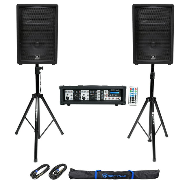 (2) JBL JRX212 1000 Watt 12" DJ PA Speakers+Powered 4-Ch. Mixer+Stands+Cables