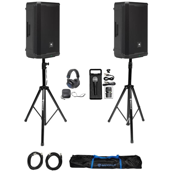 (2) JBL PRX912 12" 1000w Powered 2-Way DJ PA Speakers w/DSP+Stands+Headphones+Mic