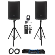 2 JBL PRX915 15 1000w Powered 2-Way DJ PA Speakers w/DSP+Stands+Headphones+Mic