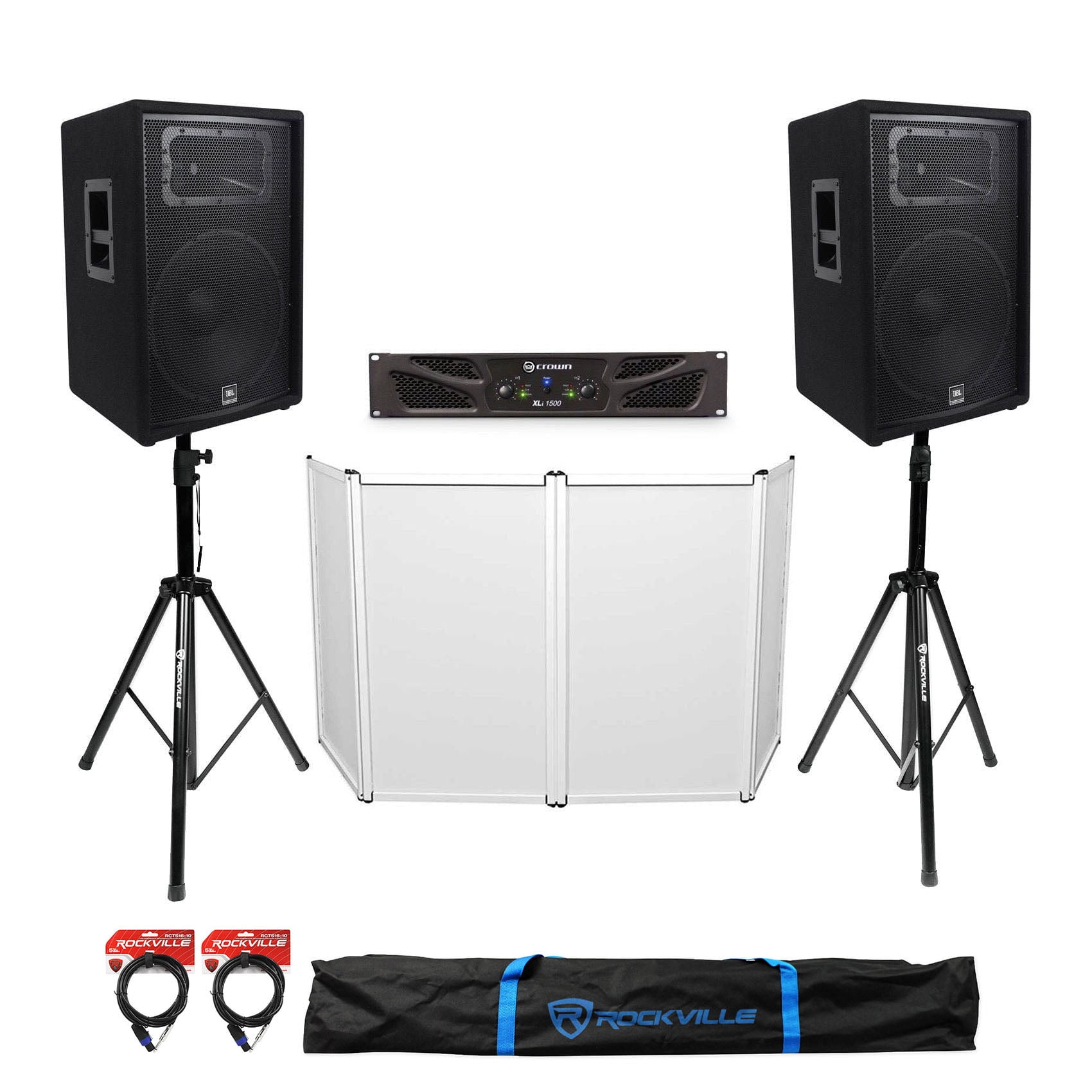 (2) JBL Pro JRX215 15" 2000w PA/DJ Speakers+Amplifier+Stands+Cables+Facade