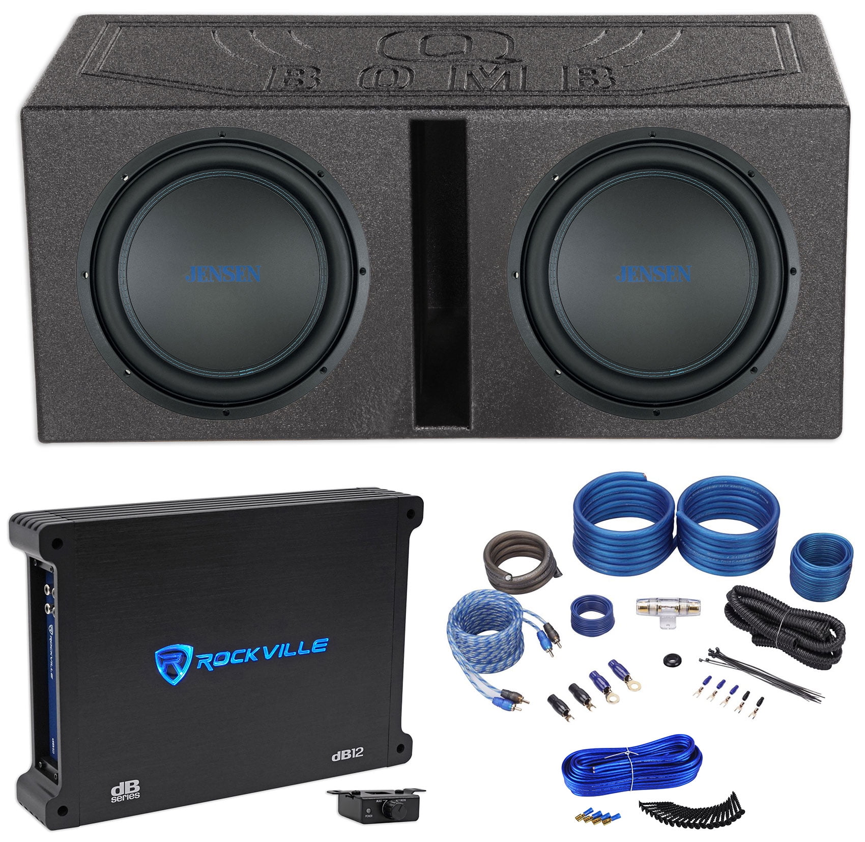(2) JENSEN J12W 12" 1200w Car Subwoofers+Vented Sub Box+Mono Amplifier