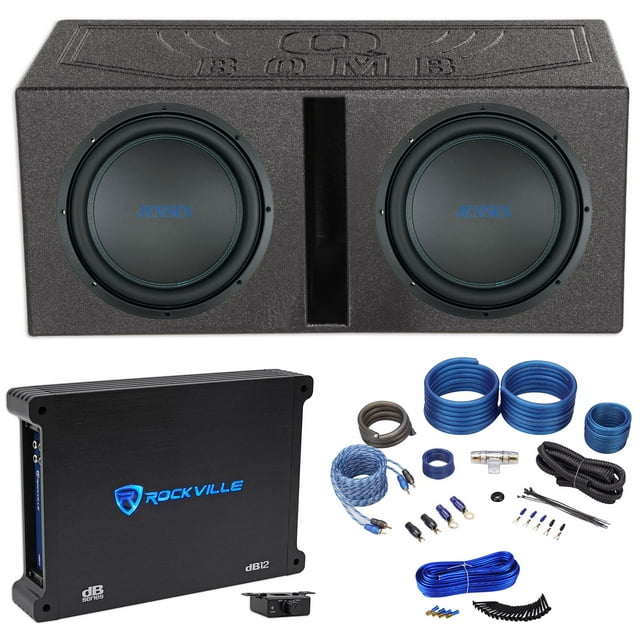 (2) JENSEN J12W 12" 1200w Car Subwoofers+Vented Sub Box+Mono Amplifier