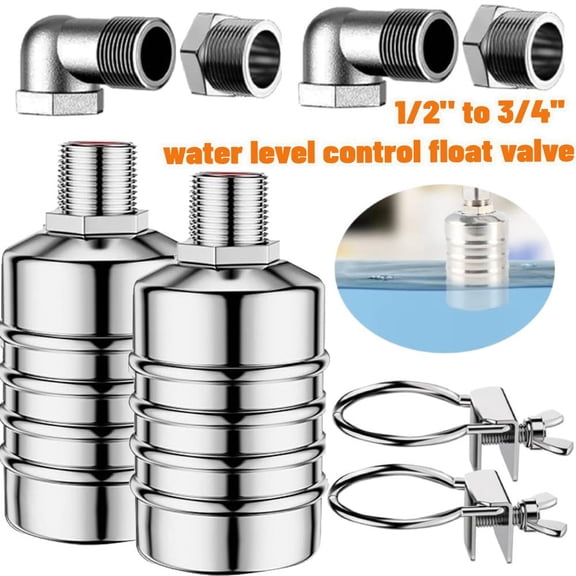 2 KIT: 1/2" to 3/4'' water level control float valve, 304 Stainless Steel Fully Automatic Watershut off valve, Automatic Water Level Controller for Tank, Pool, Livestock Troughs