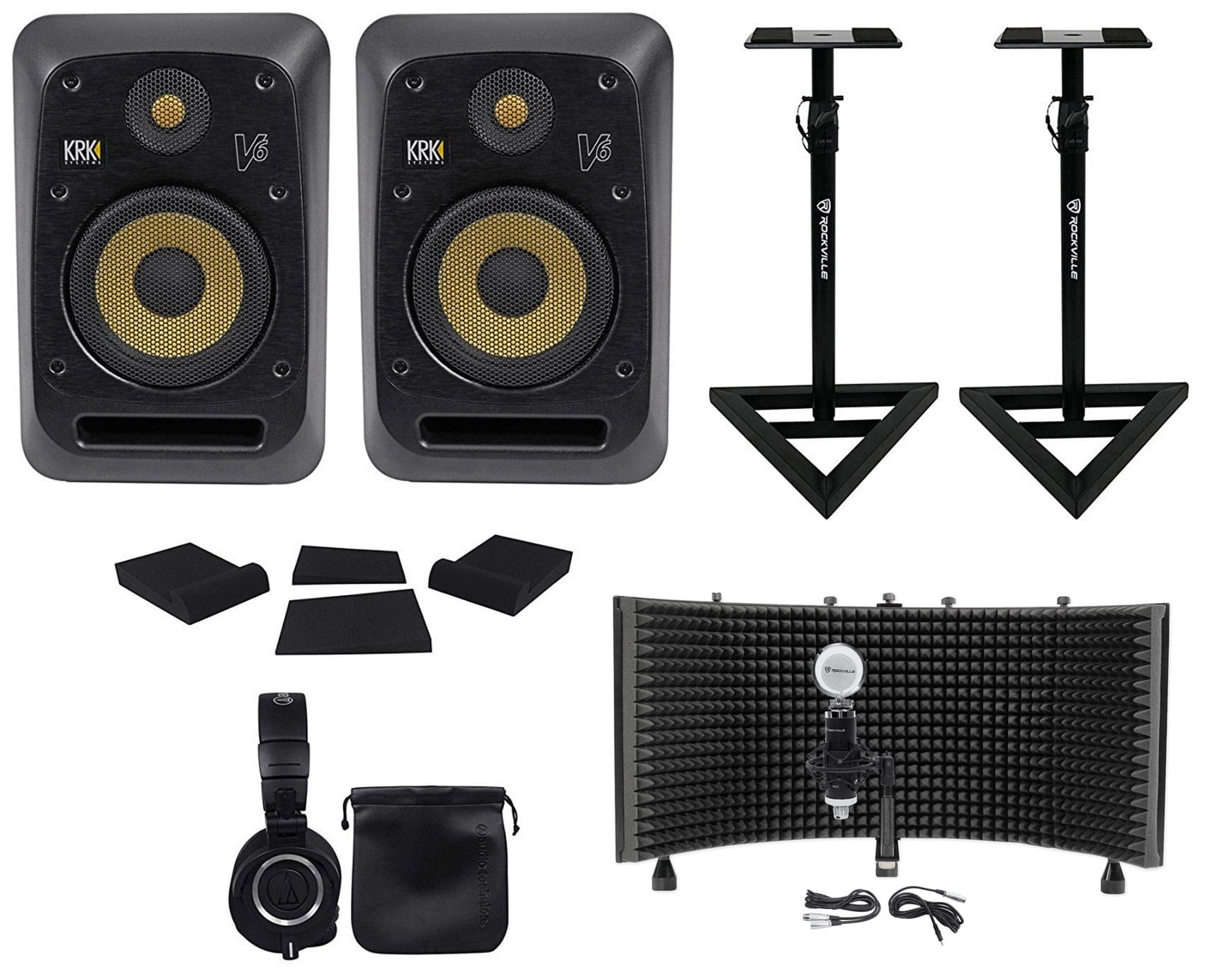 (2) KRK V6S4-NA 6" Powered Studio Monitors+Stands+Pads+Headphones+Mic+Shield