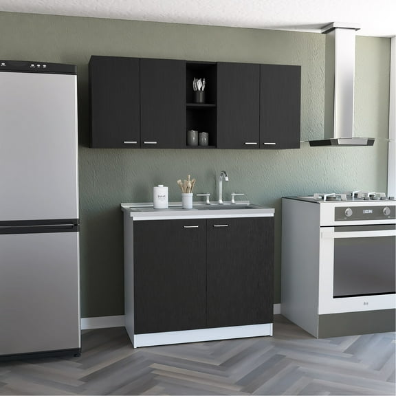 2 Kitchen : 150 Wall Cabinet + Sink Cabinet. Black. Convenient Assembly With Interlocking Mechanism. Precisely Drilled Holes. Detailed Directions. Particle Board. 12.17 In. Depth, 60.16 Width, 23.09