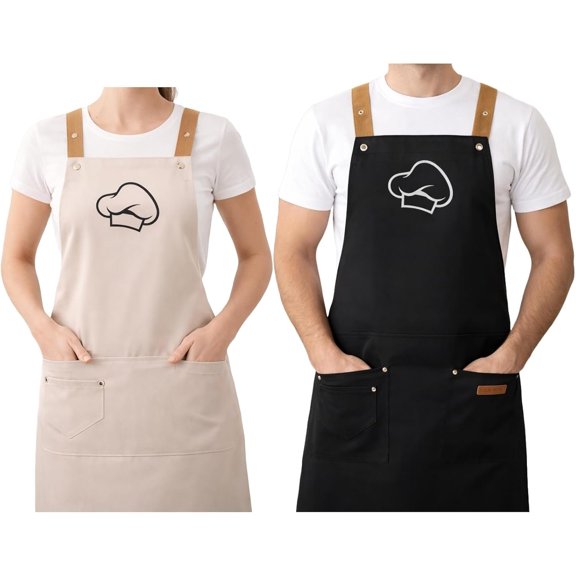 2 Kitchen Aprons - Water & Oil Proof Adjustable Bib, 2 Pockets, Easy Clean Polyester | Pro Chef Couples Cooking Apron, Unisex Men & Women, BBQ Grilling, Baking & Restaurant