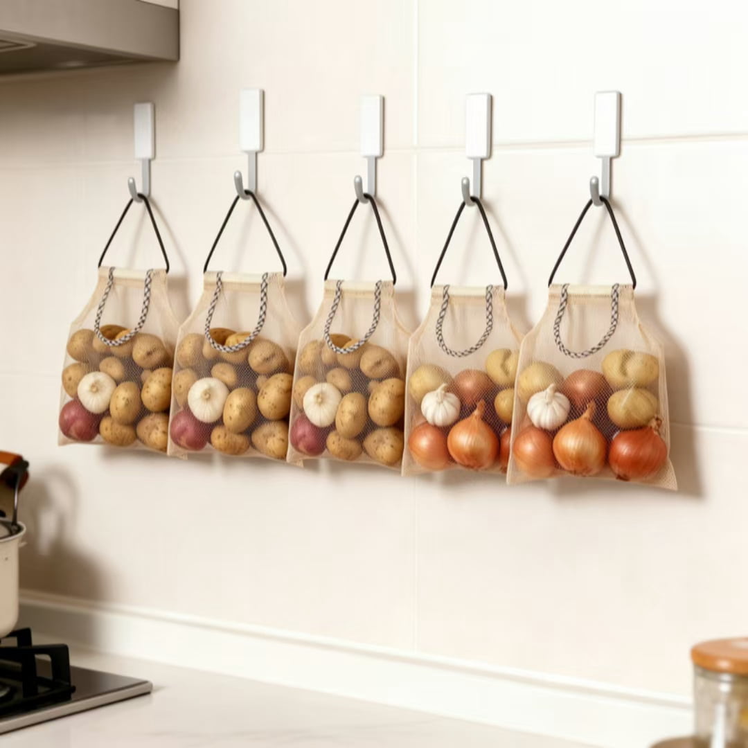 Mesh Vegetable Rack Mesh Vegetable Bags, 5-Pack Reusable Perforated Onion Sacks & Potato ...
