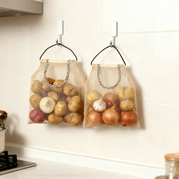 Mesh Vegetable Bags, 5-Pack Reusable Perforated Onion Sacks & Potato Holders for Pantry Storage (Beige)