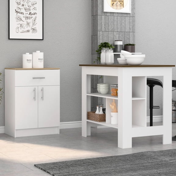 2 Kitchen : Island & Pantry Cabinet. White Hue. Interlocking Assembly System For Easy Setup. Pre-drilled Holes. Clear Instructions. Particle Board. 28.04in Depth, 41.34in Width, 34.82in Height,