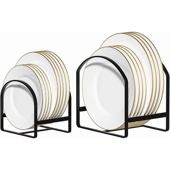 2 Kitchen Plate Holder Organizer for Cabinet Space Saver Dinner Plate Storage Rack Upright Dish Drying Racks Dish Stand for Cupboard Countertop Rustproof Black (1 Large 1 Small)