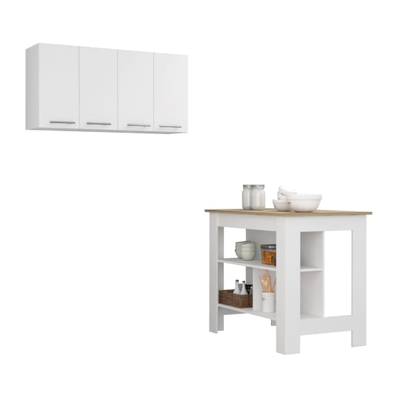 2 Kitchen In White And Oak. Island With Surface & Storage Space. Wall Cabinet Double-door Modern Rack 5-shelf 4-door . Special Prep Area Shelving. Secure