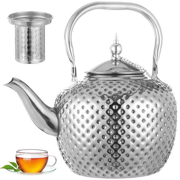 2 L Hammered Tea Kettle with Infuser, 68 oz Stainless Steel Loose Leaf Teapot with Gooseneck Spout, Stovetop Water Boiler with Strainer for Gas Induction Ceramic Stove