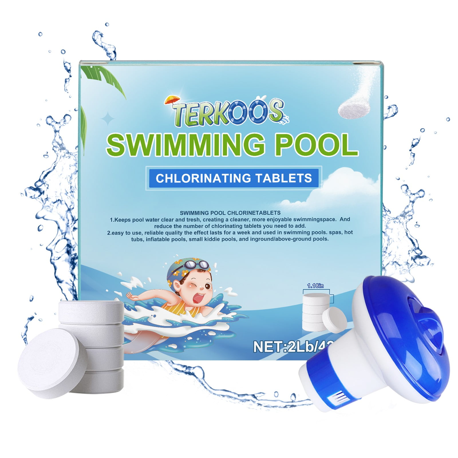 2 LB 1 Inch Chlorine Tablets with Dispenser for Swimming Pools Hot Tubs