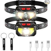 2 LED Rechargeable Headlamps: Waterproof, 6 Modes, USB, Whistles. Ideal for Camping.