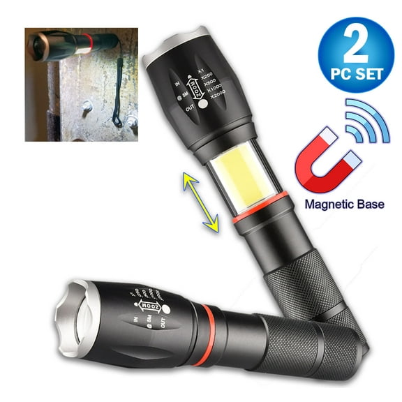 2 LED Zoomable Pro Flashlight & Retractable COB Work Lite Lantern Combo - CREE L2 LED Ultra Bight Light, Magnetic Base, Weather Resistant, Military Tough Design & Pocket Size Torch