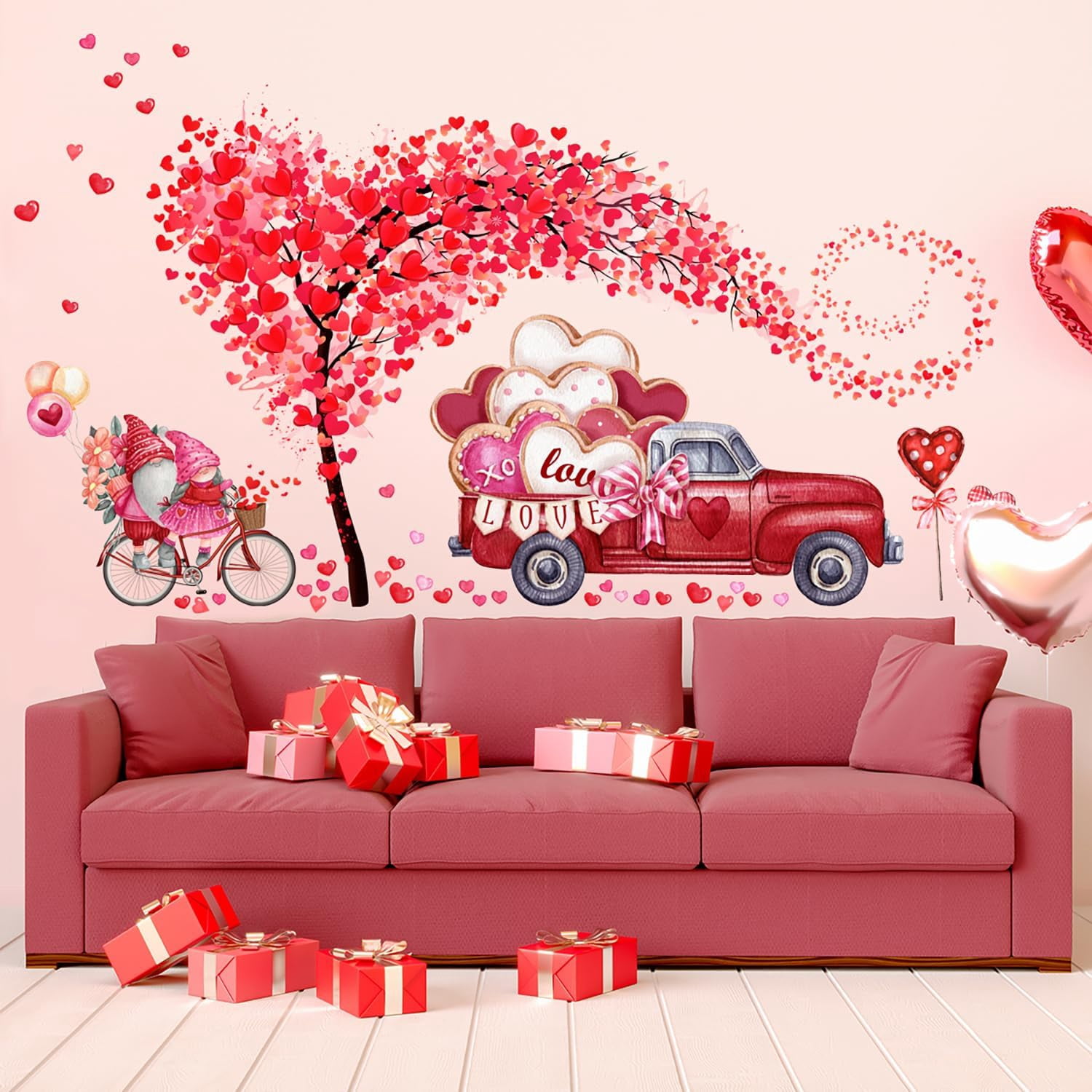 2 Large Sheets Valentine's Day Wall Decor Stickers Pink Red Heart Tree ...
