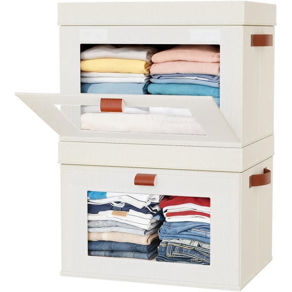 2- Large Storage Bins with ,Stackable&Collapsible Closet Storage Bins,Oxford Fabric Organizer Box with Clear Window,Large Decorative Storage Boxes for Closet,Dorm16.5"x11.8"x11"