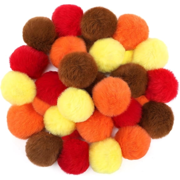 2'' Large Thanksgiving Day Pom Poms for Crafts - 30 pcs Faux Fur Pompoms Fluffy Balls forFall Decorations Handmade Autumn Gifts, Orange/Yellow/Brown/Red