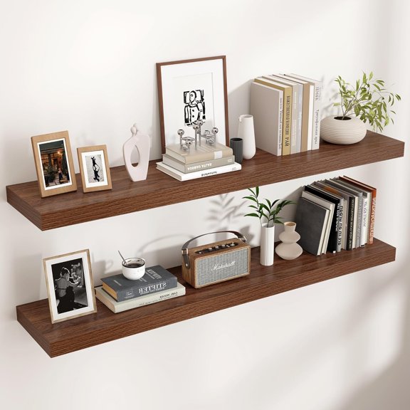 Floating Shelves for Wall, Engineered Wood Wall Shelves with Invisible Brackets for Living Room Bedroom Bathroom Office Kitchen Decor and Storage (Walnut, 48" W x 9" D x 1.5" H) Set of 2
