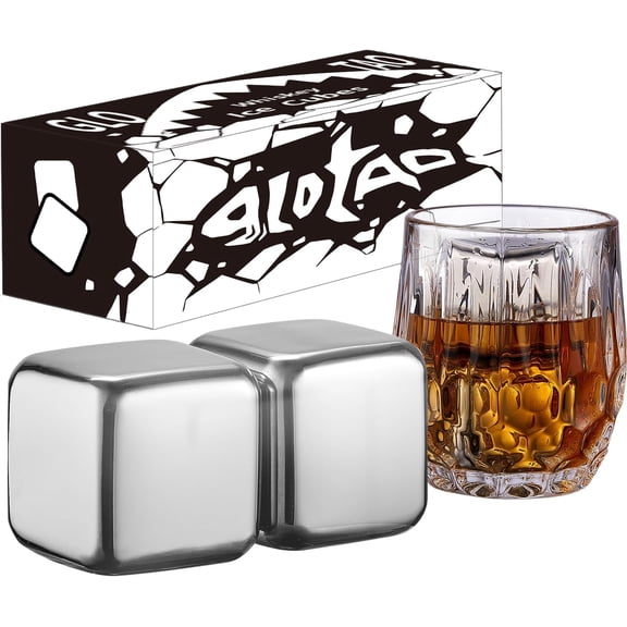 2 Large Whiskey Stones 64 cm (4 cu in) - Man Gift Set - Reusable Stainless Steel Metal Ice Sphere Cubes Beverage Chilling Rocks Whiskey Stones for Red Wine, Bar Beer, Scotch, Vodka Drinks