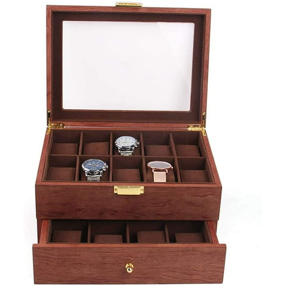 2 Layer 20 Slots Watch Storage Watch Display Box with Acrylic Lid, Wooden Watch Gift Box Watch Box Organizer for Men(Rosewood Grain)