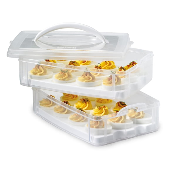 2-Layer 24 Egg Carrier Storage Container with Lid and Handle, Plastic Detachable Deviled Egg Holder, Freezer Dishwasher Microwave Safe