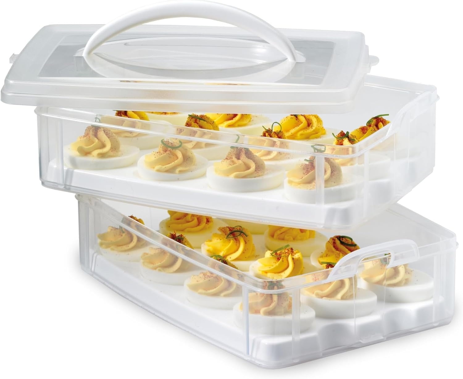 (2-Layer, 24 Eggs) Plastic Detachable Deviled Egg Carrier Storage Container With Lid and Handle, Freezer Dishwasher Microwave Safe