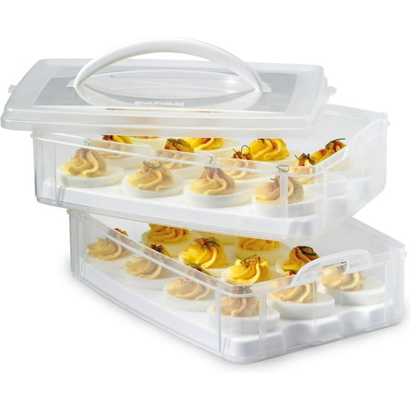 (2-Layer, 24 Eggs) Plastic Detachable Deviled Egg Carrier Storage Container With Lid and Handle, zer Dishwasher Microwave Safe
