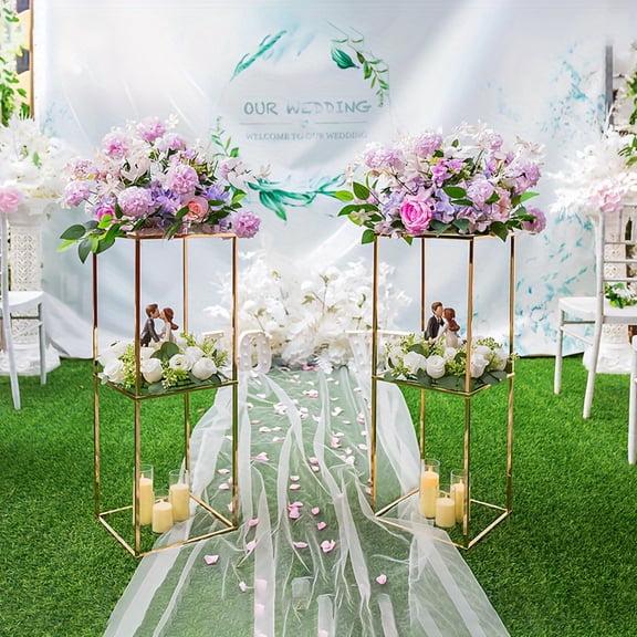 2-Layer 31.5" Gold Flower Stand - Pedestal with Acrylic Panel, Metal Cylinder Design, for Wedding/Party/Halloween/Christmas Centerpieces