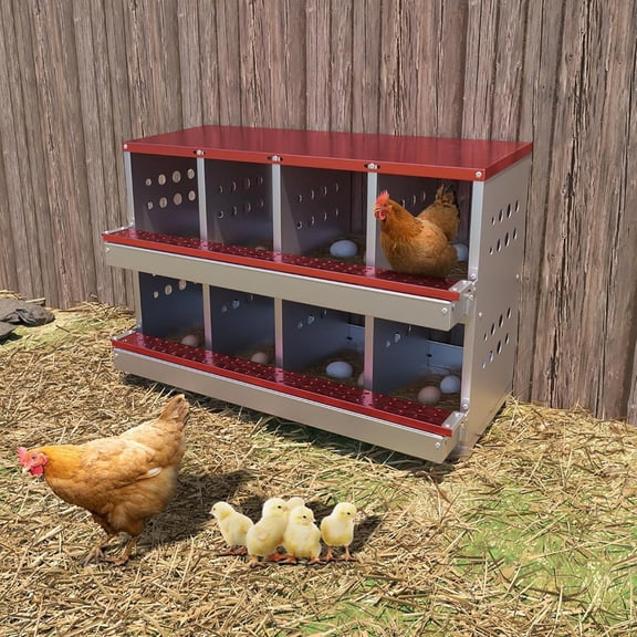 2 Layer 8 Compartments Galvanized Metal Chicken Nesting Box with Egg Collection Tray, Fake Training Eggs & Perch Rod, Rustproof Poultry Laying Box for Hens, (Red, 8 Compartments Without Legs)