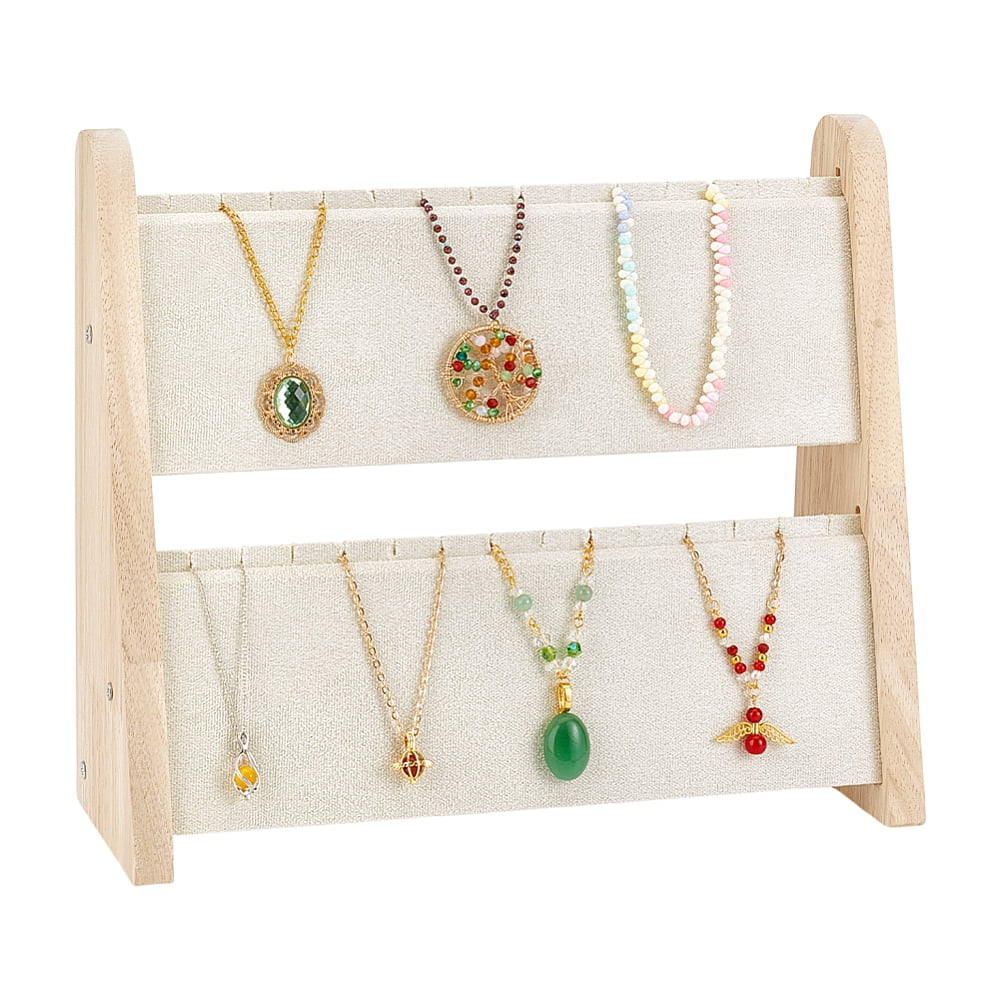 2-Layer Bamboo Slant Back Necklace Organizer Display Stands with Velvet ...