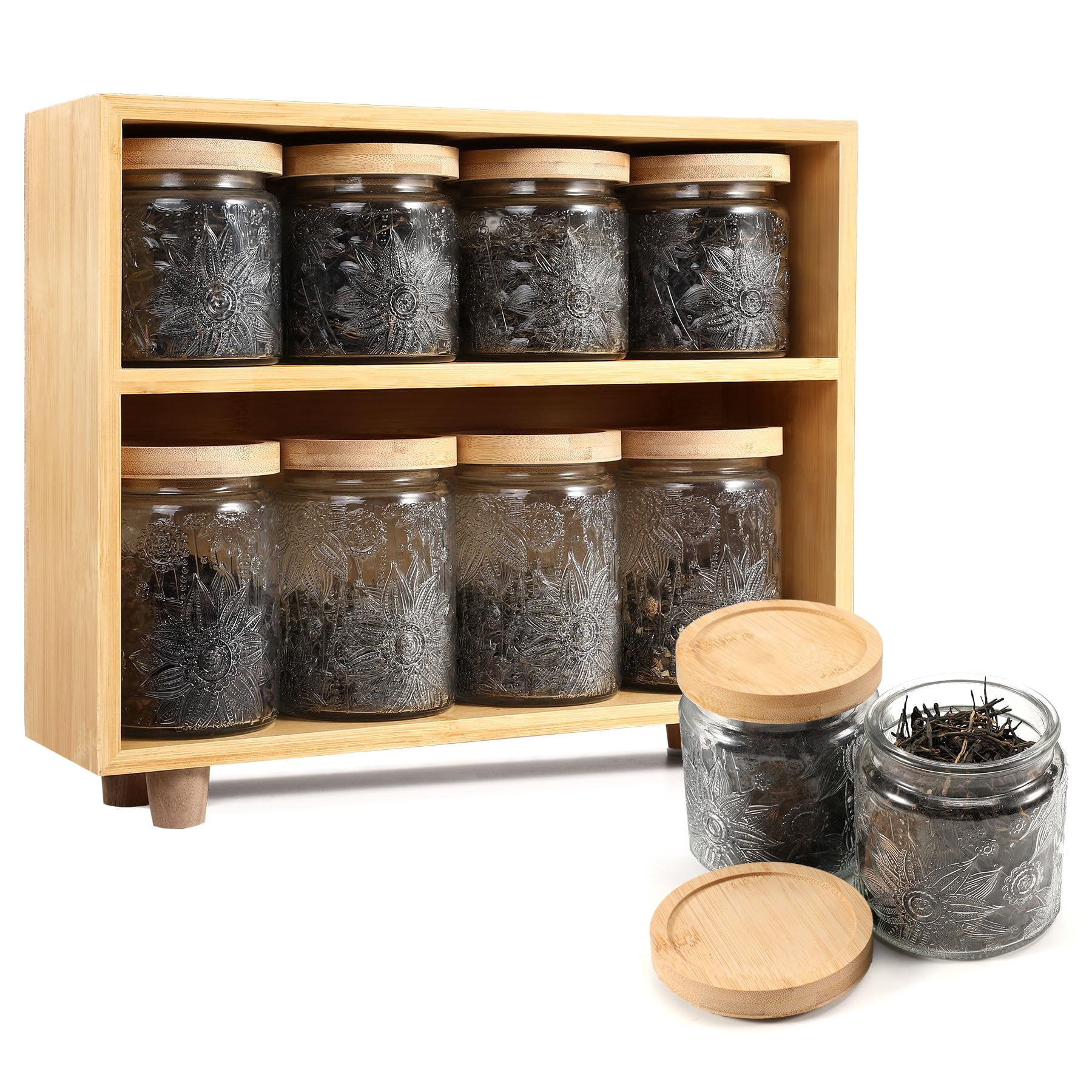 2-Layer Bamboo Tea Organizer Rack With 8 Vintage Glass Jar, 17 & 23.7 ...