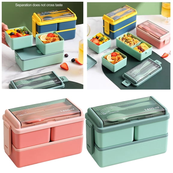 2 Layer Bento Box Adult Lunch Box Stackable, 49 oz Bento Box for Adults Lunch Containers, Leak Proof Bento Box with Removable Compartments, Bento Box Lunch Box, BPA-FREE Microwave Safe