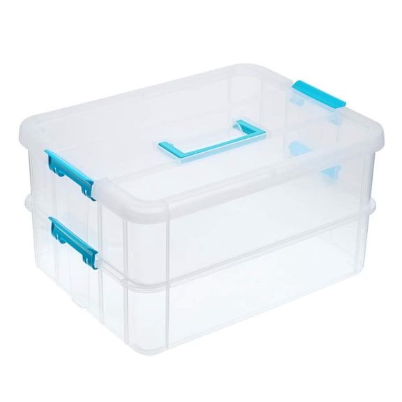 2 Layer Black Stack & Carry Plastic Storage Box with Handle, Multipurpose Portable Organizer for Stationery Sewing Crafts Jewelry Beauty Supplies