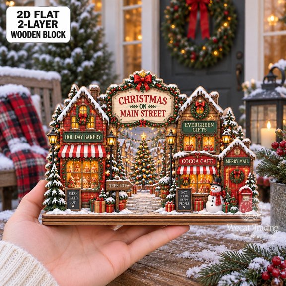 2-Layer Block Christmas Street Scene Wooden Tabletop Display, Holiday Gift for Hostess